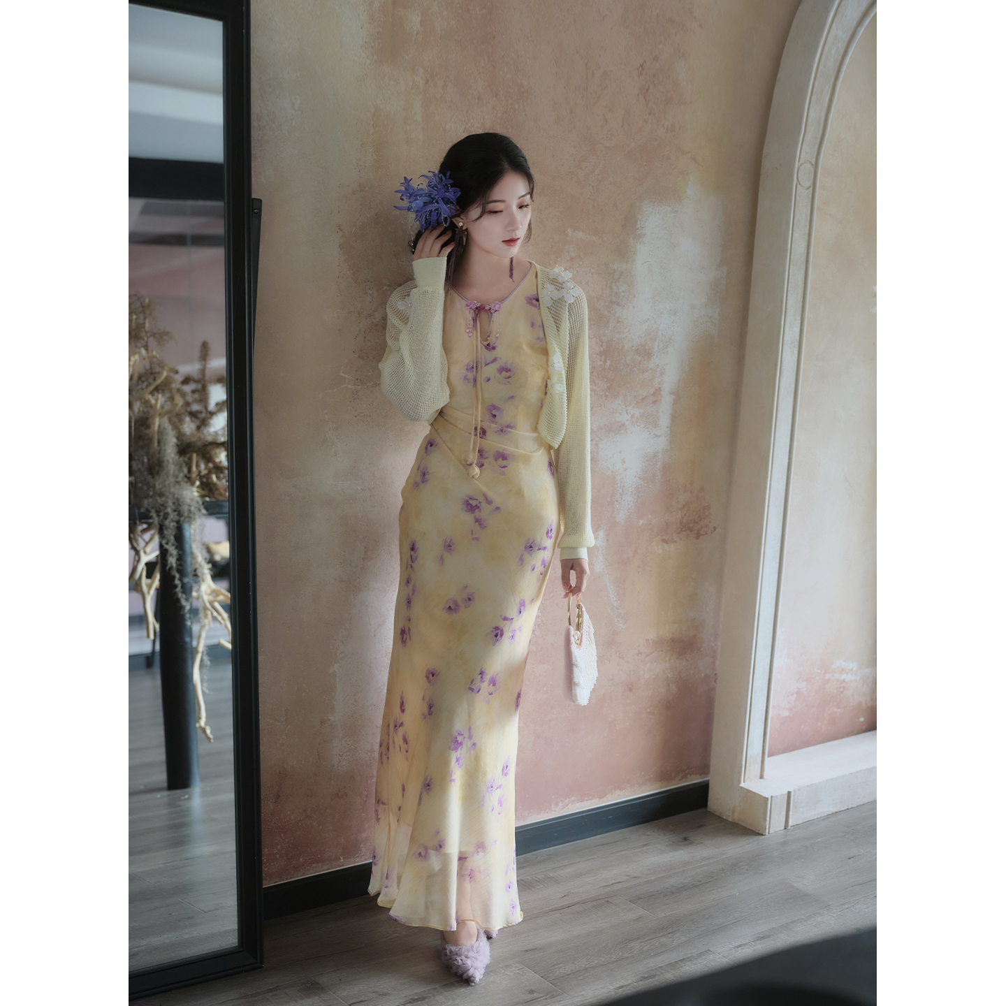 彼得潘大叔《麦穗黄昏》法式立体花长袖上衣优雅修身印花连衣裙