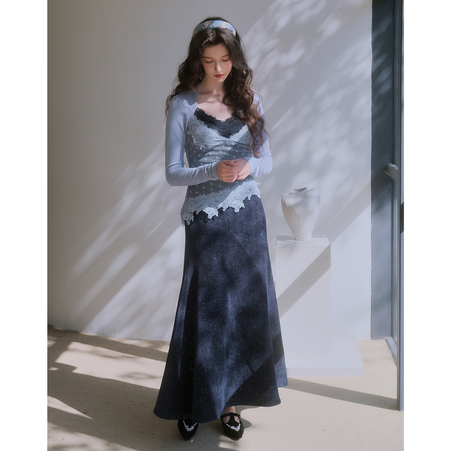 彼得潘大叔《未完成星空》蕾丝斜下摆舒适上衣星空料侧拉链半裙,女装/女士精品,时尚套装,淘宝优惠券,粉丝福利购,淘宝优惠卷