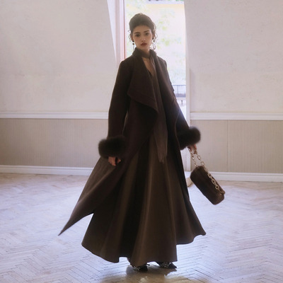 彼得潘大叔厚实可拆卸毛毛袖套奢华系带保暖毛呢外套