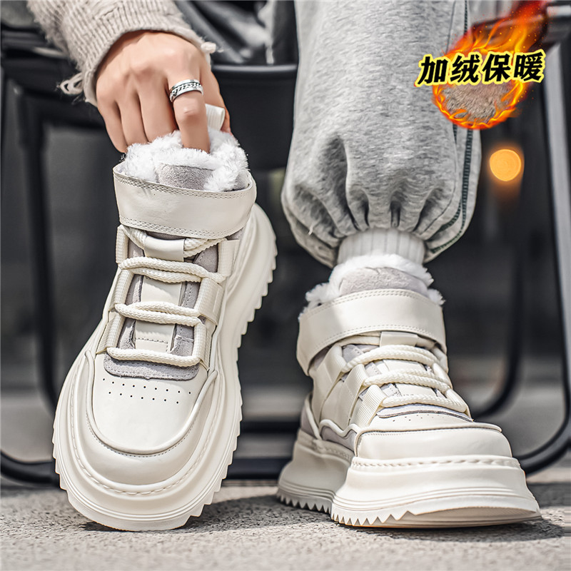 男鞋冬款2025新款加绒棉鞋高帮板鞋厚底增高鞋真皮百搭休闲鞋子男