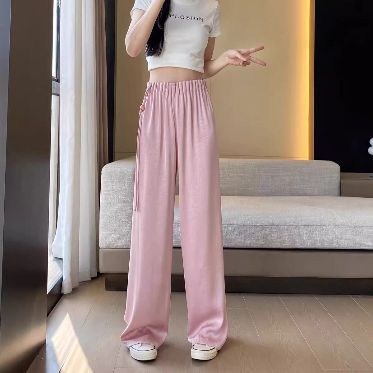高端醋酸缎面裤子女秋风琴流苏阔腿裤新中式国风休闲裤直筒梧桐裤