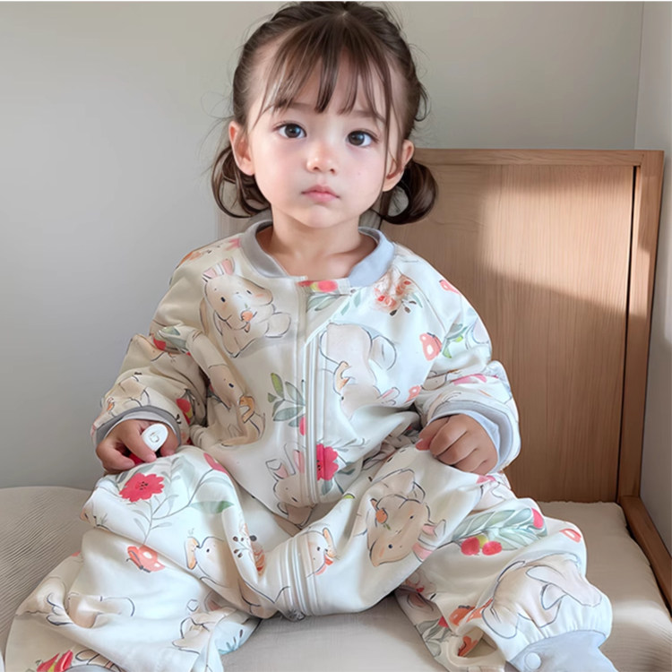 宝宝双层纯棉春秋分腿睡袋儿童连体衣腿部按扣男女孩防踢被子睡衣