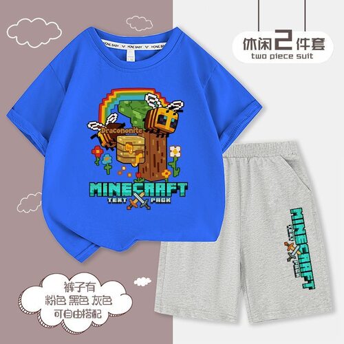 Minecraft我的世界儿童短袖短裤两件套男童像素纯棉休闲运动套装