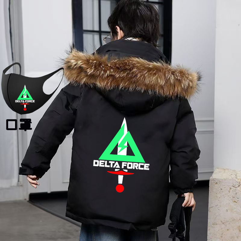 三角洲男童冬季棉服中大童加厚棉袄中长款毛领羽绒棉衣学生外套