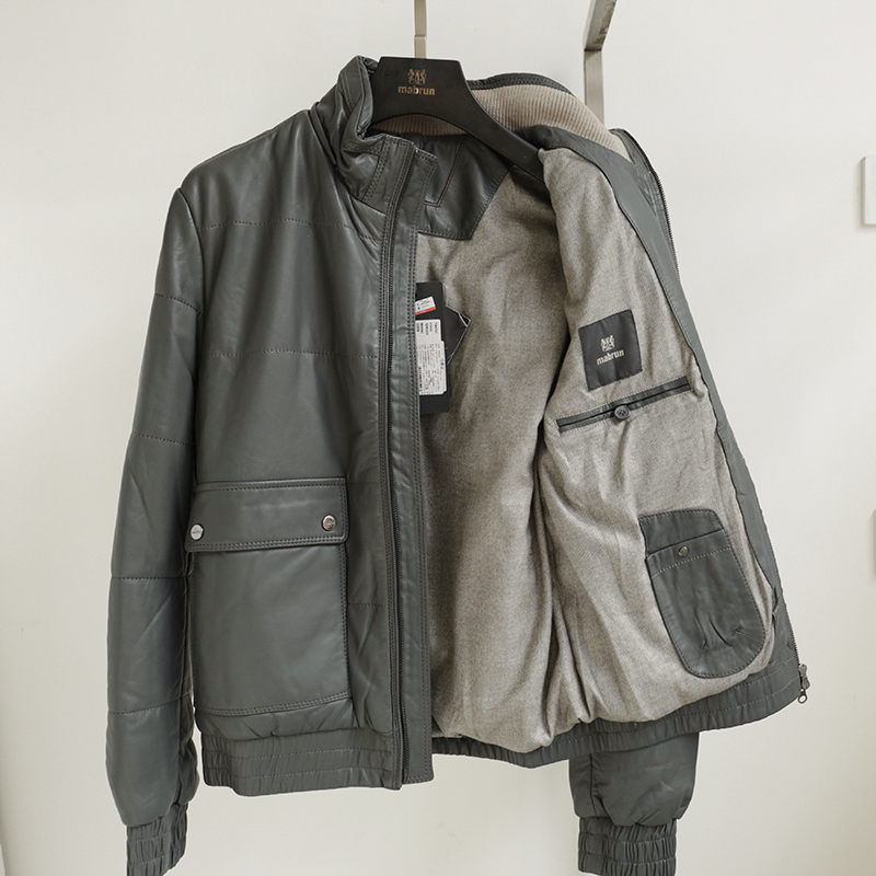 意大利品牌mabrun男士绵羊皮夹棉服原装进口连帽夹克浅灰色冬季潮