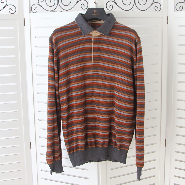 意大利卡制造英伦风美利奴纯羊毛衫条纹毛衣秋冬款中年套头棕色潮