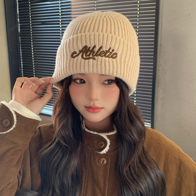 日韩秋冬帽子女字母刺绣大头围针织毛线帽时尚百搭显脸小2025新款