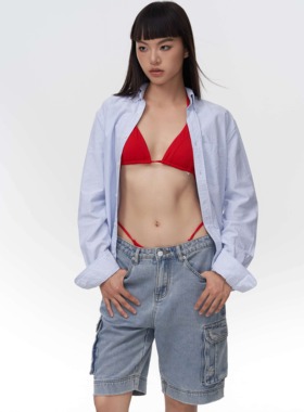 Not Bad美式复古辣妹浅蓝色条纹女士ins风宽松休闲衬衫