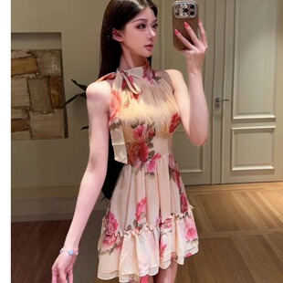 小个子法式飘带无袖挂脖连衣裙女夏季气质收腰显瘦a字裙纯欲短裙