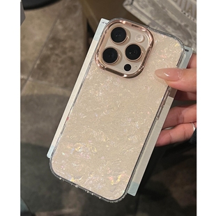 透白闪粉贝壳纹适用iPhone11苹果15手机壳16ProMax仙女14简约13/17promax防摔16高级感12金属镜框大孔保护套