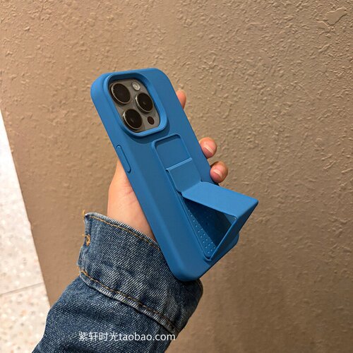 新海军蓝色一体推拉支架液态硅胶适用iPhone16苹果16promax手机壳14小众15创意3高级感12防摔11不会黄XS男女
