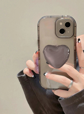 玻璃爱心支架16适用iPhone13/14promax手机壳12mini苹果11冷淡风15黑灰色