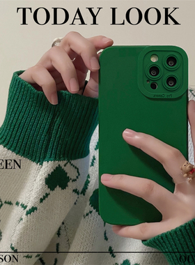 高级BV绿色14适用16iphone15/11苹果13promax手机壳12直边xs复古xr墨绿8P小众简约纯色15plus液态硅胶保护套