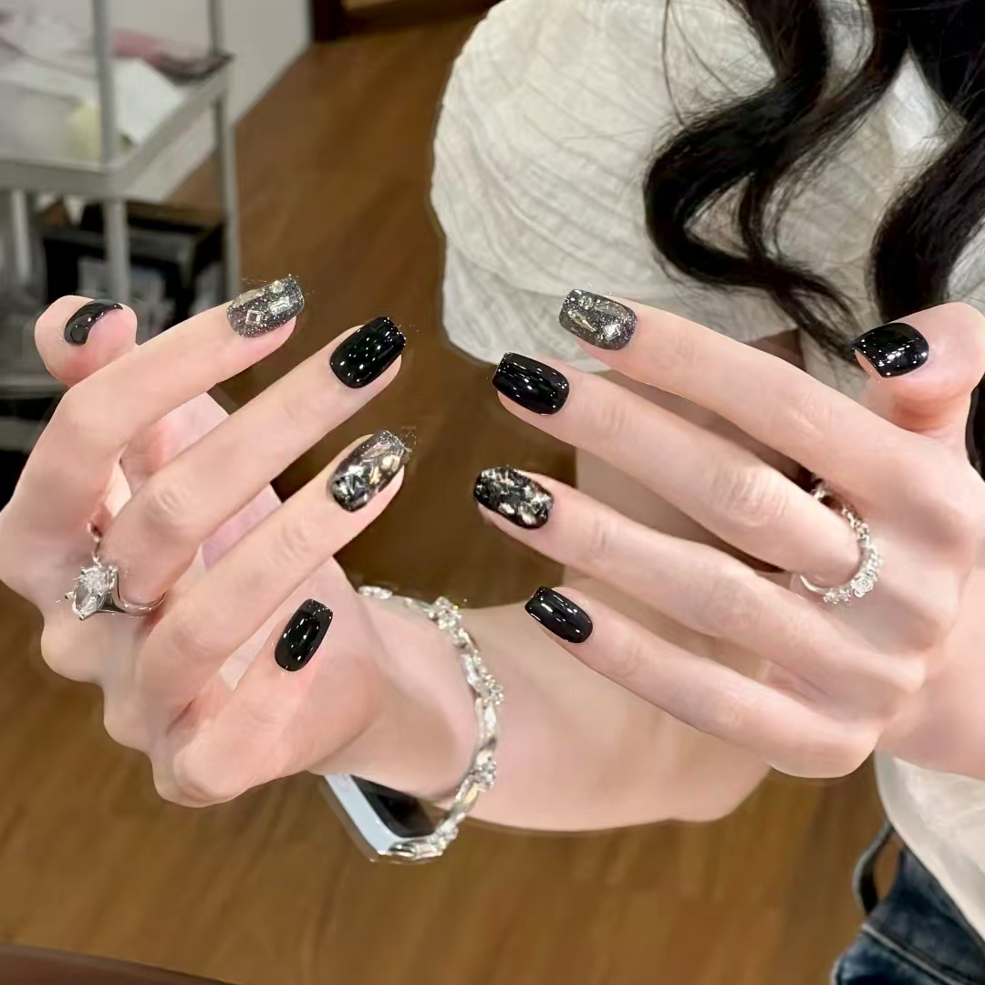 黑银金属感纯手工穿戴甲夏季爆款