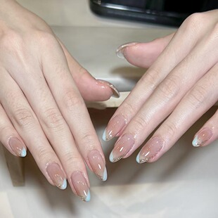 海蓝法式追光猫眼手工穿戴甲短款灵动玻璃珠纯欲日常裸色美甲贴片