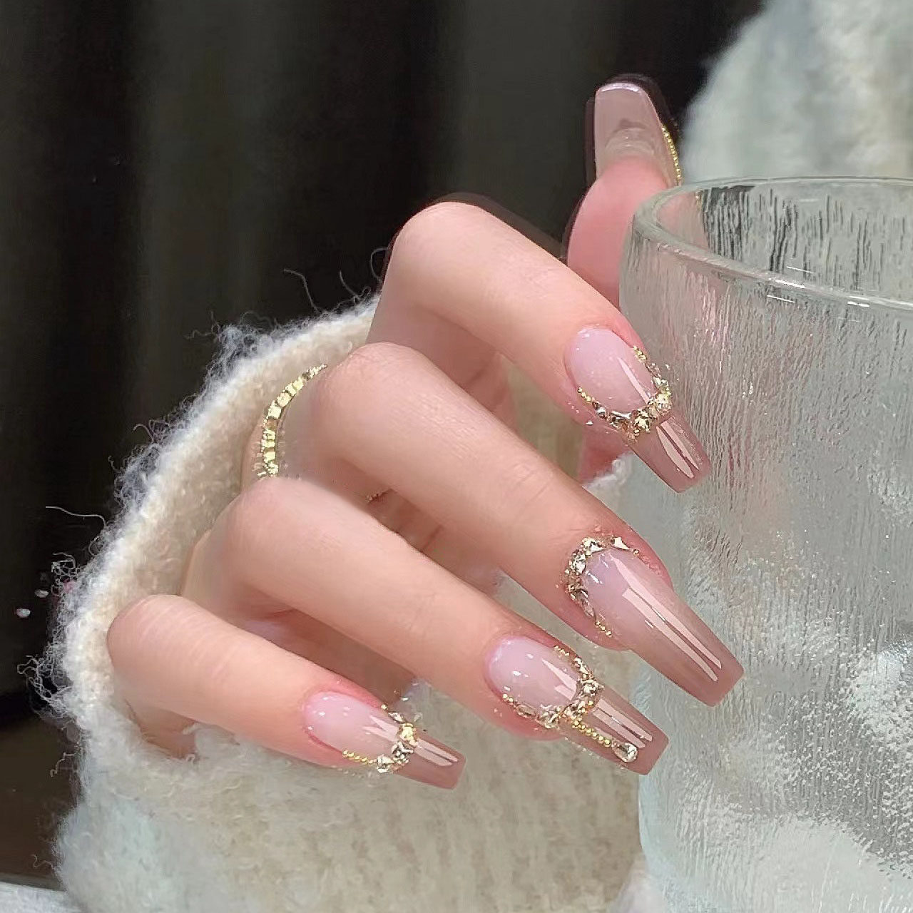 穿戴甲指甲贴片高级感冰透爆闪气质咖色钻链渐变手工定制美甲成品