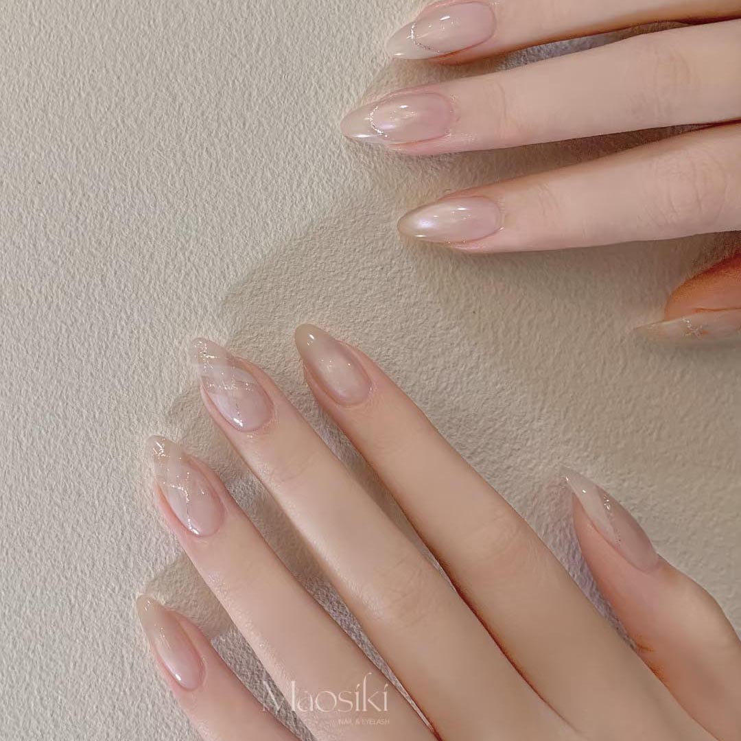 猫眼法式银边格纹冰透裸色猫眼