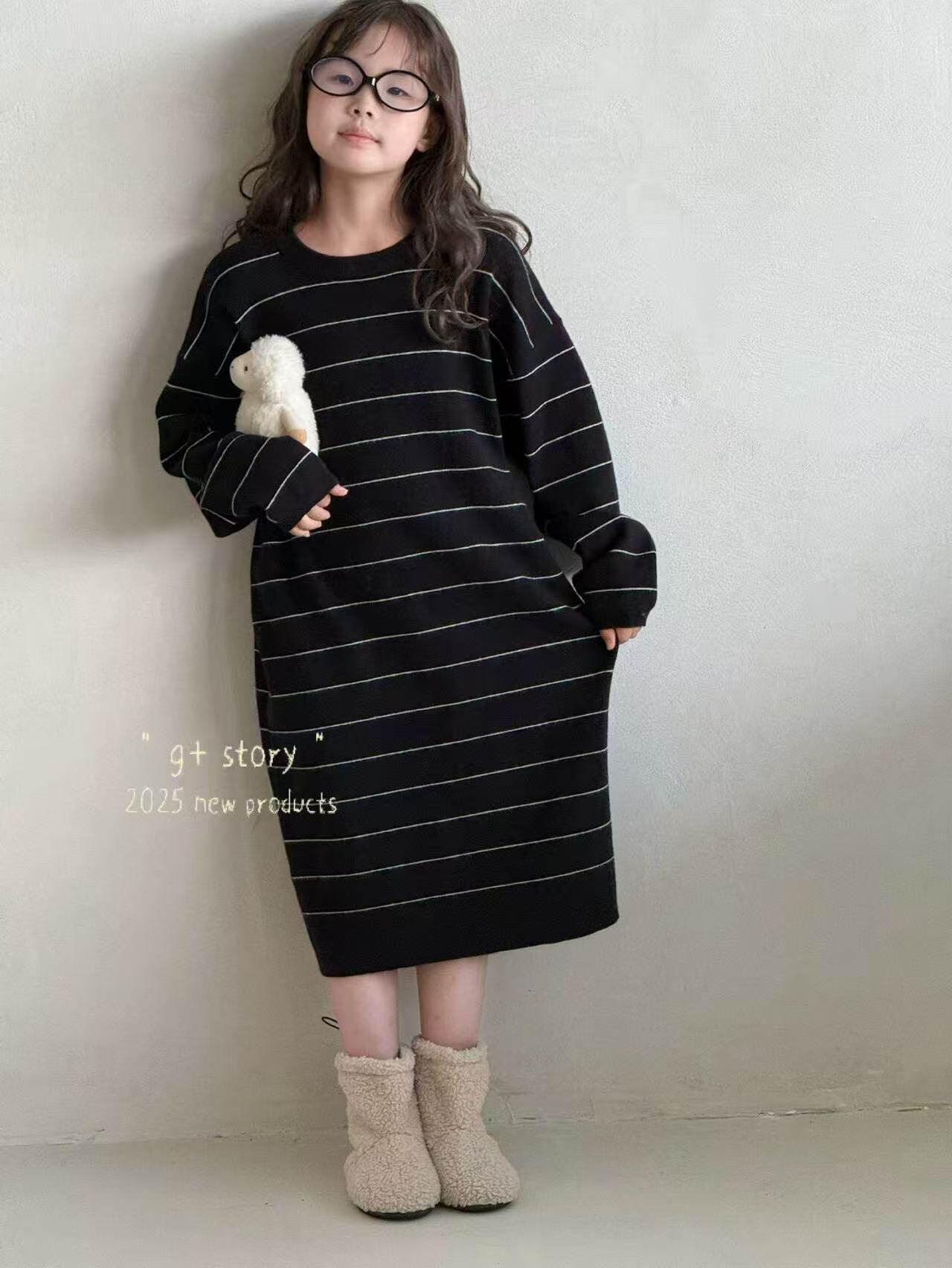 G+女童条纹连衣裙秋冬款中大童连衣裙