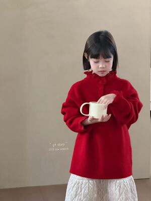 G＋童装2025冬季韩系女童花边立领毛衣绵羊毛混纺条纹针织衫52853