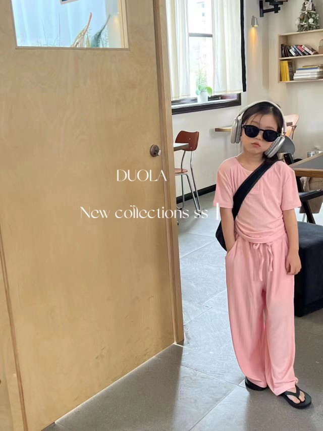 DOUZI夏装女童短袖T恤上衣韩国大童垂感薄款宽松阔腿长裤两件套装