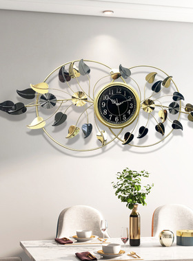 钟表新中式挂钟客厅家用wall colck银杏叶背景墙面装饰画创意挂表