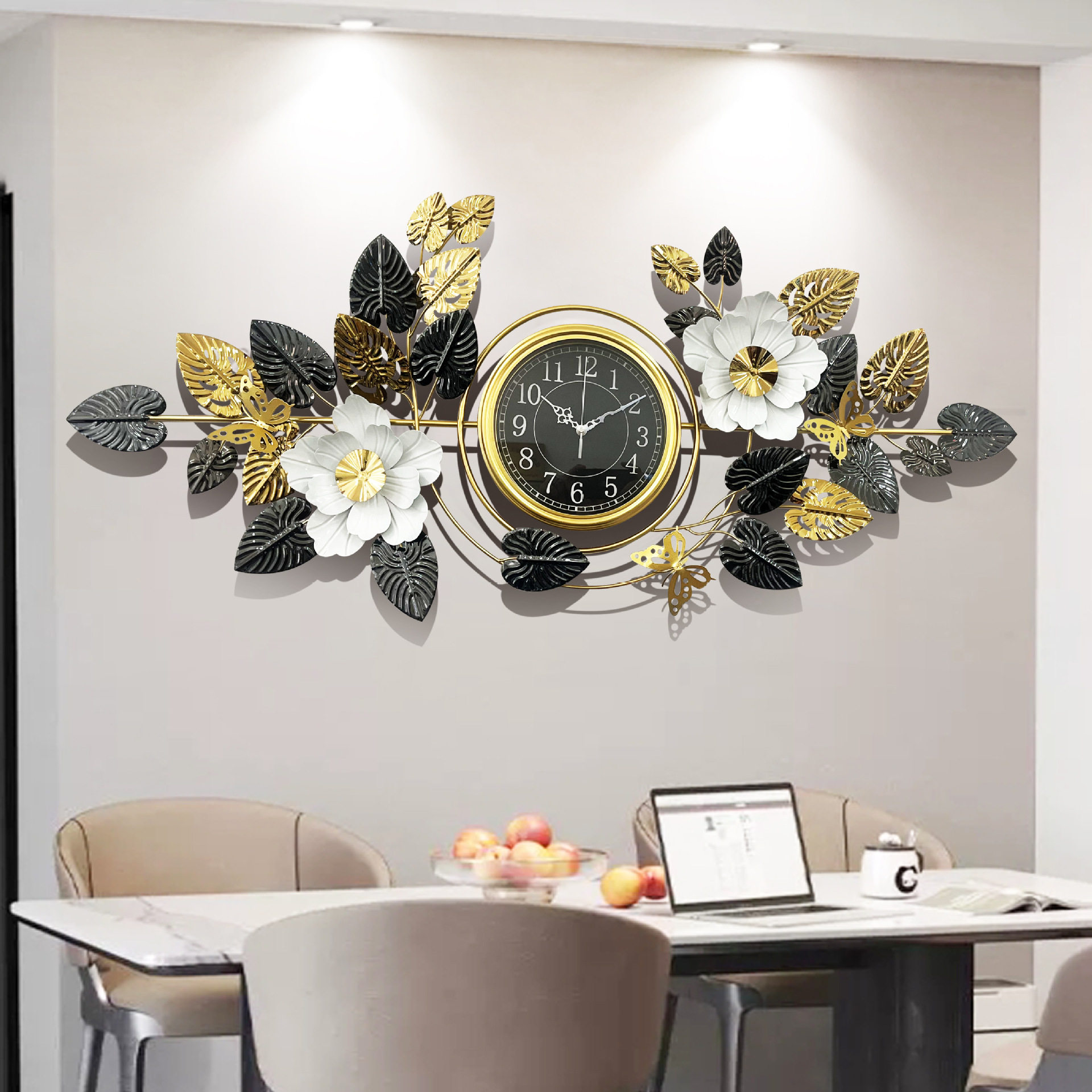 新中式创意钟表客厅餐厅时钟轻奢挂钟挂墙钟饰银杏叶艺术大气挂表