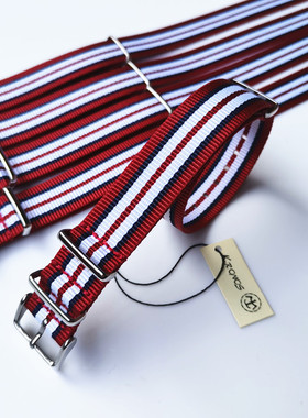 18mm20mm22mmNATO 北约帆布尼龙表带 户外红间蓝白色 方形扣薄款