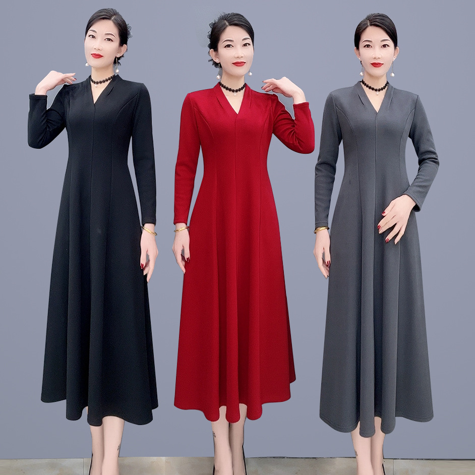 1750芙黛怡V领时尚连衣裙遮肉显瘦长裙大气礼服裙