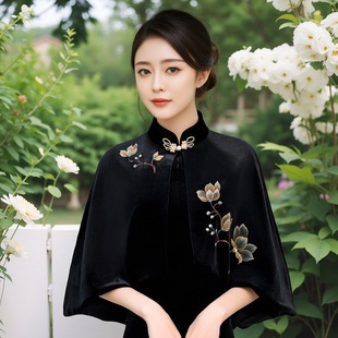 金丝绒高端外搭配旗袍外披肩女士刺绣短外套坎肩上衣 2024春秋新款