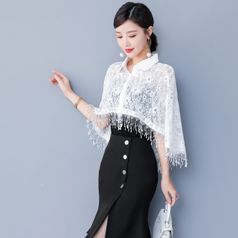 2022夏季衬衫领蕾丝小开衫配裙子旗袍的流苏小斗篷时尚小披肩潮