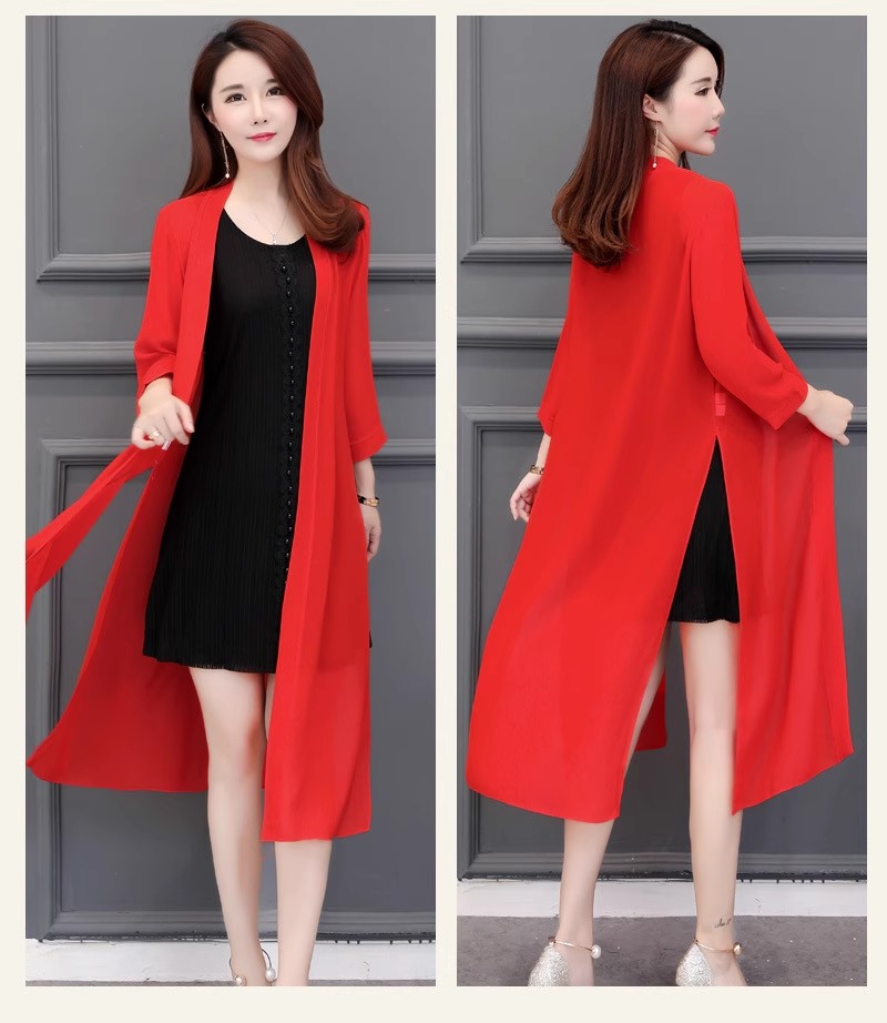 夏季中长款高开叉雪纺开衫