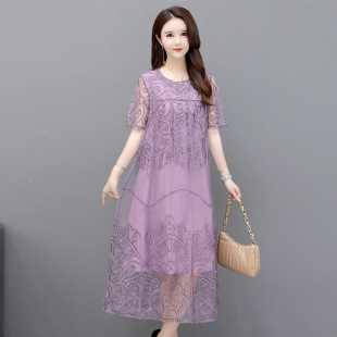 定位花A字裙圆领刺绣中年妈妈装 夏季 大码 连衣裙中长款 裙 蕾丝短袖