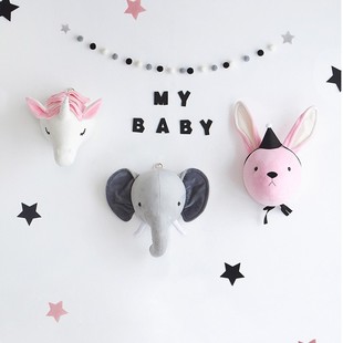 儿童房挂饰独角兽大象兔子熊鹿狗狗恐龙玩具头爆款 饰 毛绒装