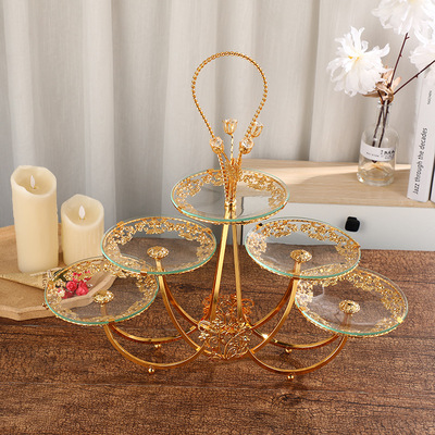 欧式轻奢高档三层五盘水果篮 花纹装饰手提玻璃果盘 果盘工艺品