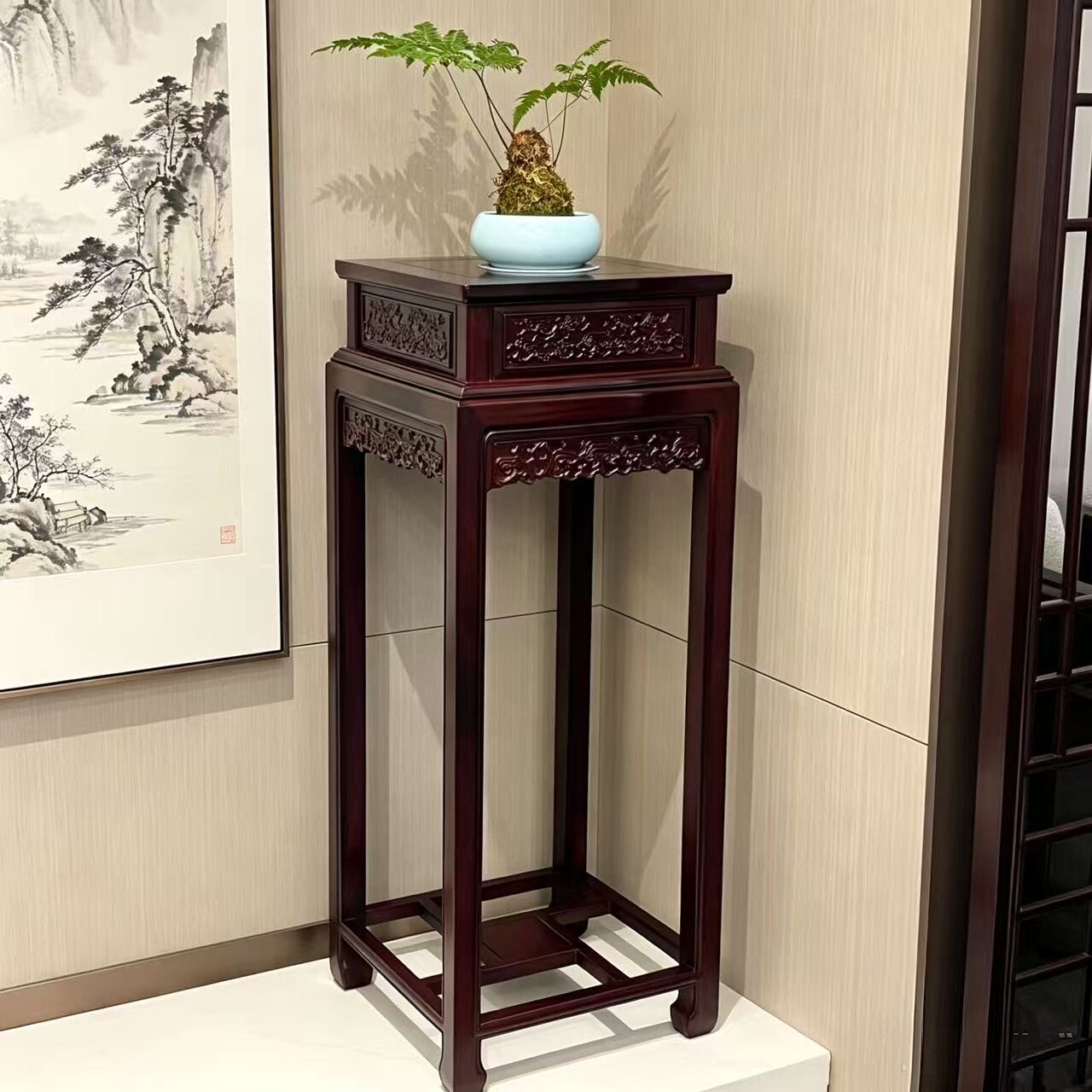 国标红木绒毛黄檀灵芝雕花中堂花架中式仿古客厅落地盆景奇石花几