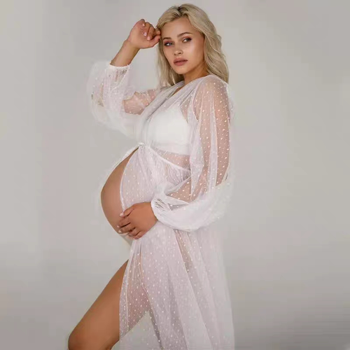 Polka Tulle Maternity Photography Props Long Dress See Throu