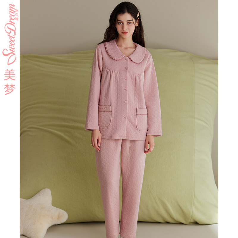 美梦秋季三层夹棉薄棉长袖长裤娃娃领大码开衫家居服妈妈睡衣套装