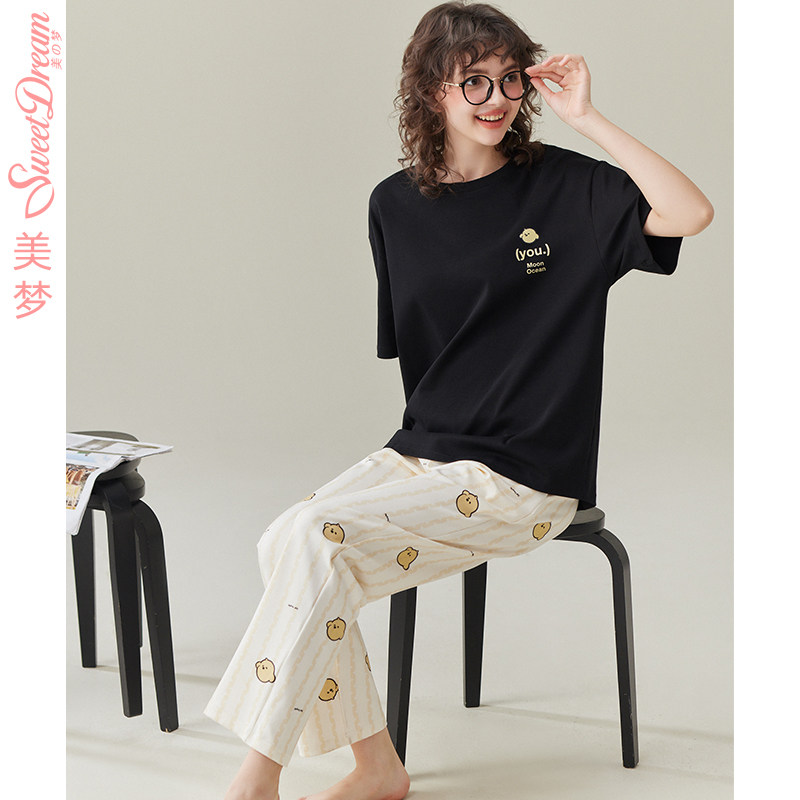 美梦夏季简约黑色圆领居家少女短袖卡通印花长裤莱卡棉睡衣套装