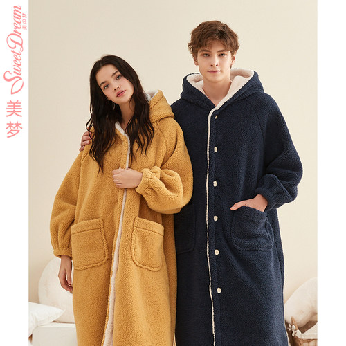 美梦秋冬新款加厚珊瑚绒睡袍情侣睡衣连帽冬天男女士法兰绒家居服