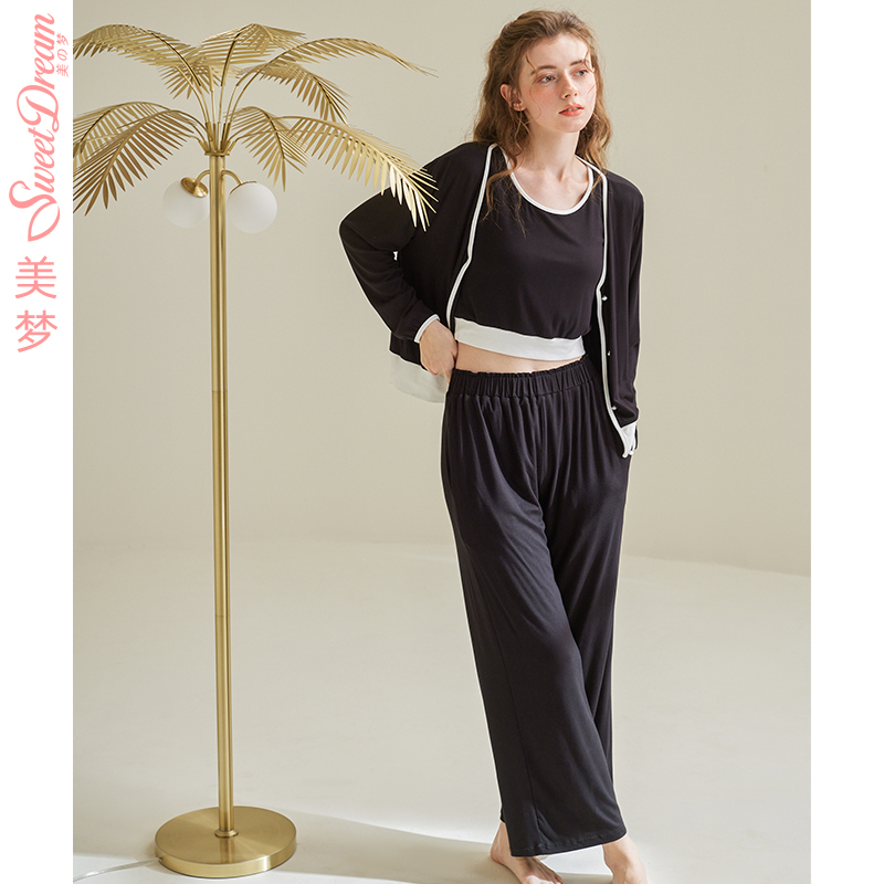 美梦春夏黑白拼接短款三件套睡衣