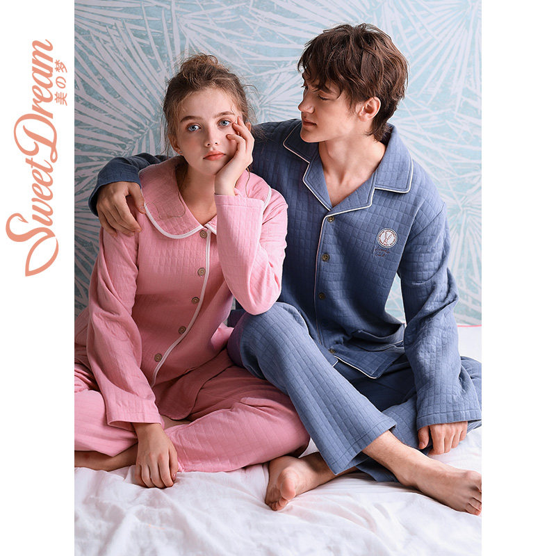 美梦新款情侣睡衣纯棉空气棉加厚夹层冬季男士薄款夹棉家居服套装