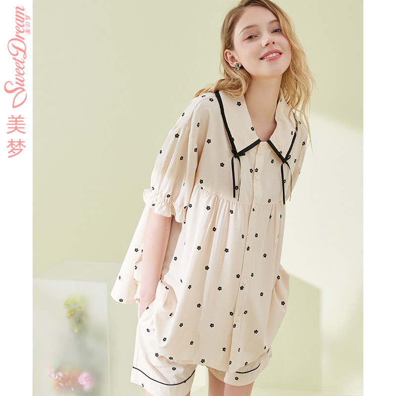 美梦2022年夏季新款女生可爱睡衣短裤套装春夏天薄款梭织棉家居服