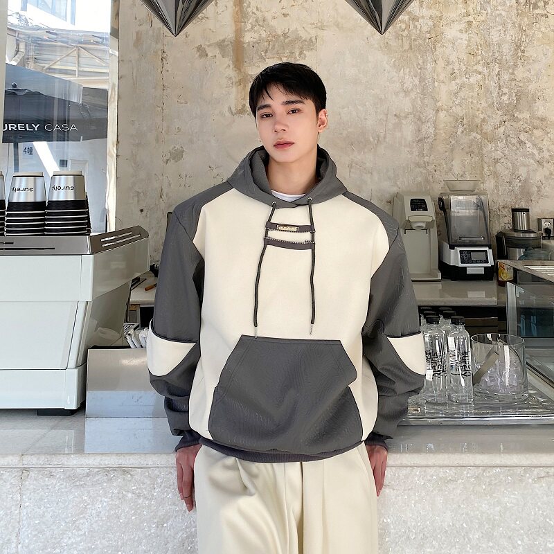 冬季加厚个性连帽套头男卫衣撞色毛呢垫肩韩版上衣皮衣137P145，男装卫衣，星座901-1（原C217）