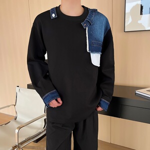 秋季韩版牛仔拼接圆领长袖男卫衣潮流痞帅休闲套头上衣175P105图片