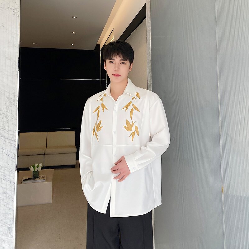 春季新中式刺绣翻领长袖男女衬衣潮流复古纯色风衬衫203P90,男装衬衫,星座901-1（原C217）