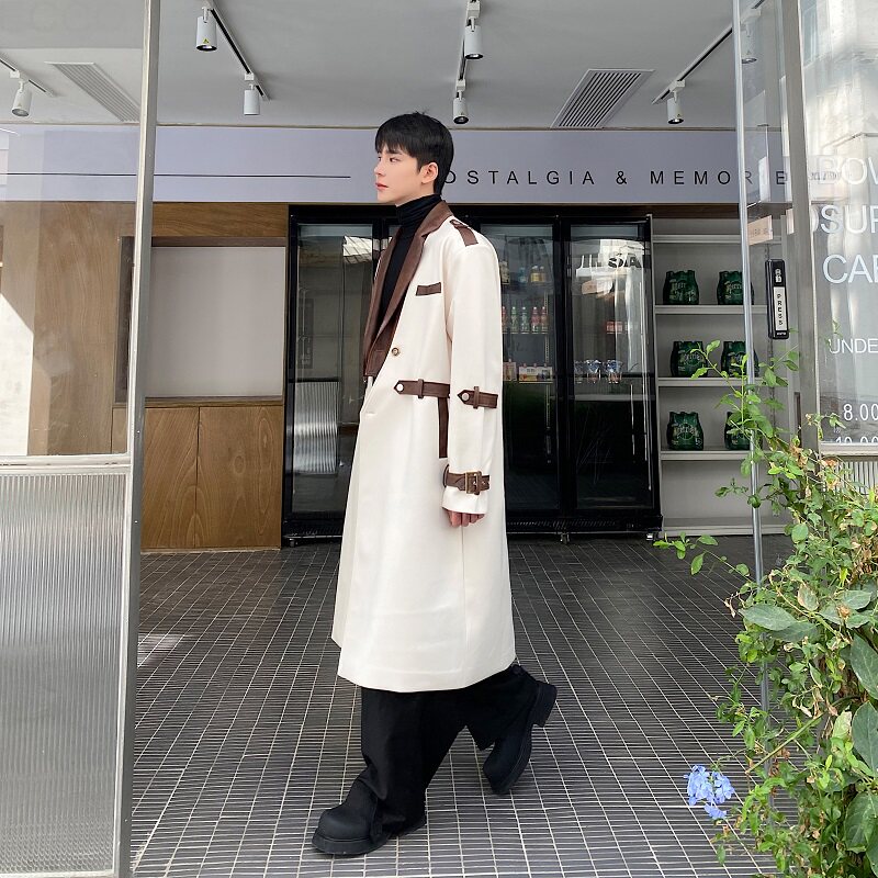 冬季复古高级感加厚毛呢大衣个性棕色皮领美拉德长款风衣197P225,男装毛呢大衣,星座901-1（原C217）