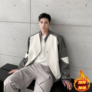 冬加厚毛呢棉衣拼接棒球领男夹克棉衣立体纹理痞帅皮衣129-1P165图片