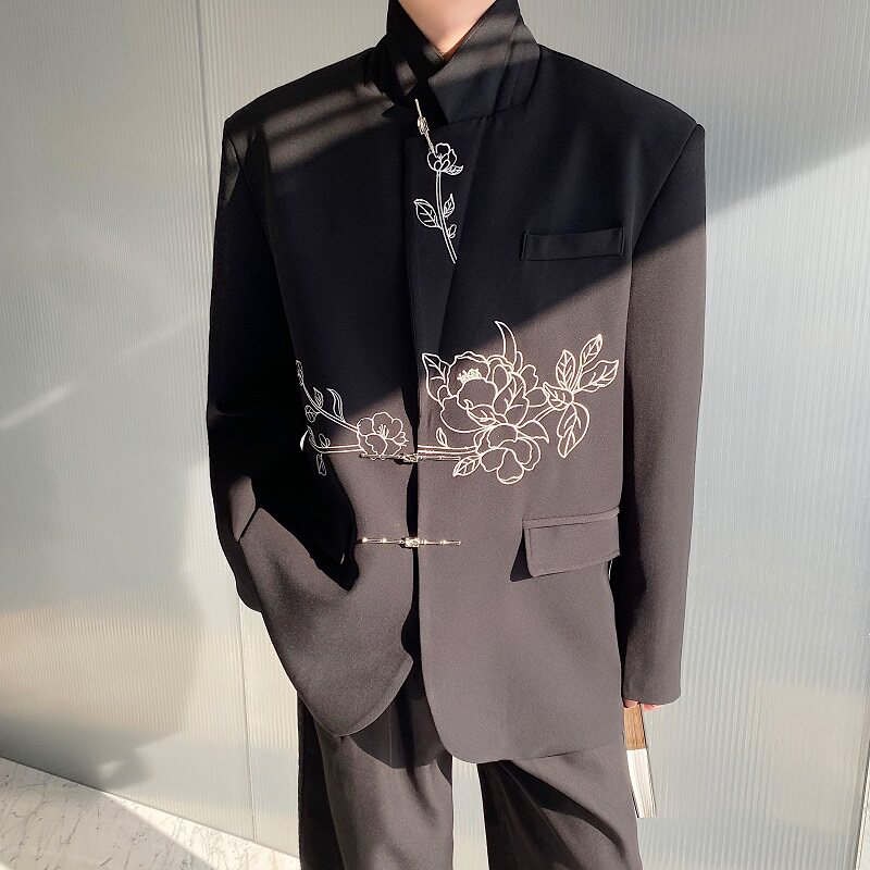 春季新中式山茶花刺绣垫肩阔型男女休闲西服复古潮流外套205P150,男装西服,星座901-1（原C217）
