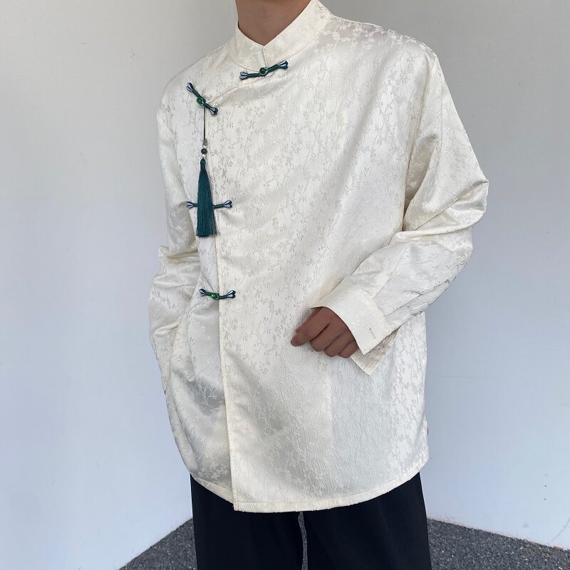 秋新中式缎面提花盘扣立领长袖男女衬衣流苏压襟风衬衫190P105图片