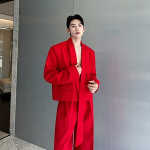 秋季潮流新款套装简约短款飘带西服直筒长裤两件套231P235图片